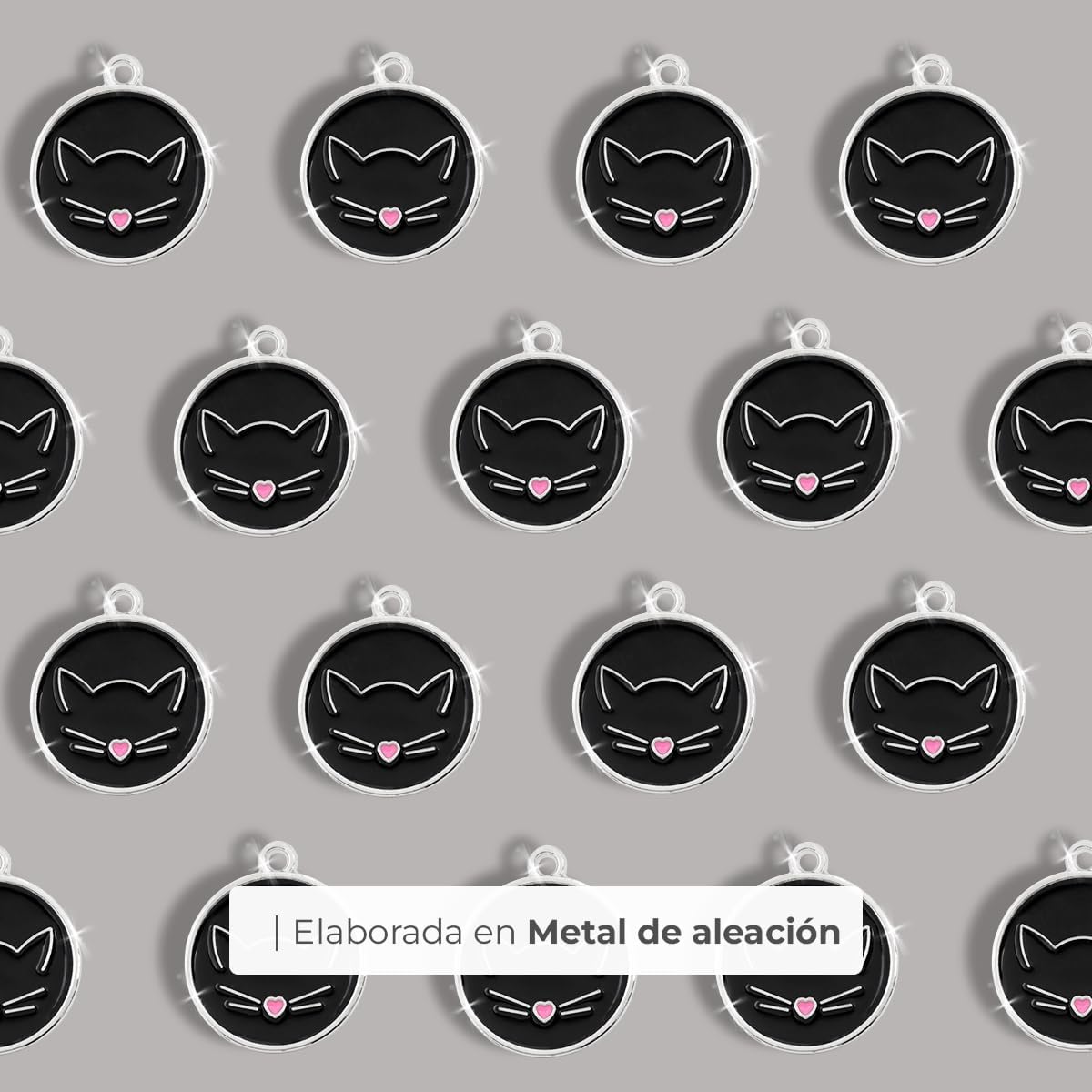 Ibera Gifts - Chapa Identificativa para Gato en Forma Redonda Con Cara de Gato, Nombre para Gatos de Todos los Tamaños, Metal de Aleación, Collar Personalizado (Negro)