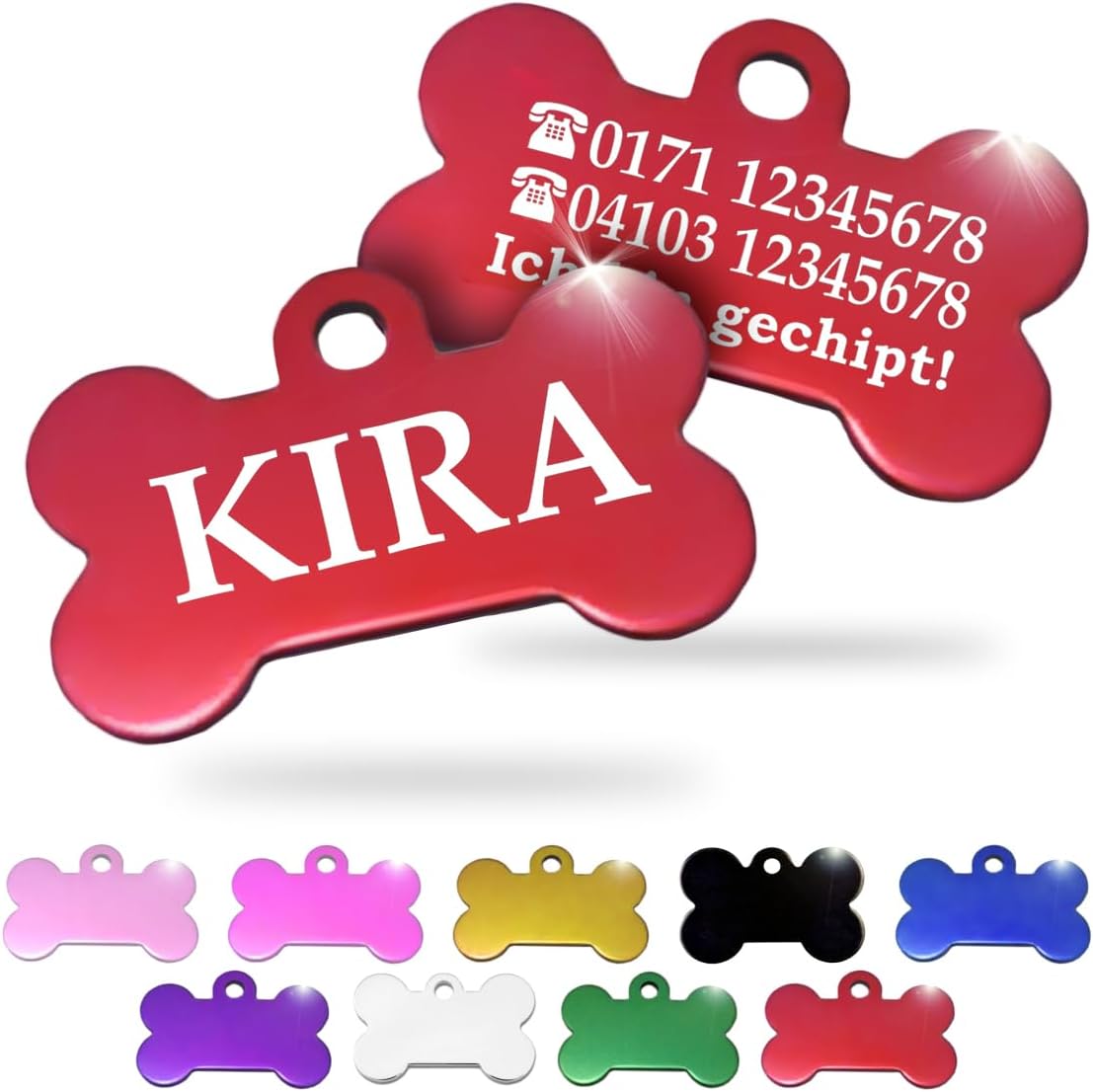 Ibera gifts - Hundemarke mit Gravur und personalisierte Hundemarke in Knochenform für kleine bis mittelgroße Hunde und Katzen (Rot, Keine Zeichnung)