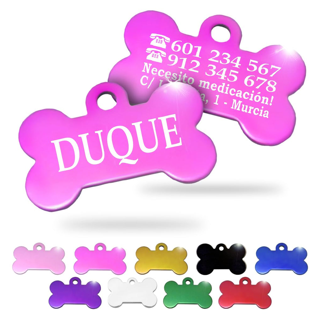 Ibera Gifts - Chapa Perro Grabada en Forma de Hueso, Placa Perro Personalizada para Perros y Gatos Medianos y Grandes, Tamaño 40 x 26 mm, Chapa Identificativa Perro y Gato (Negra)