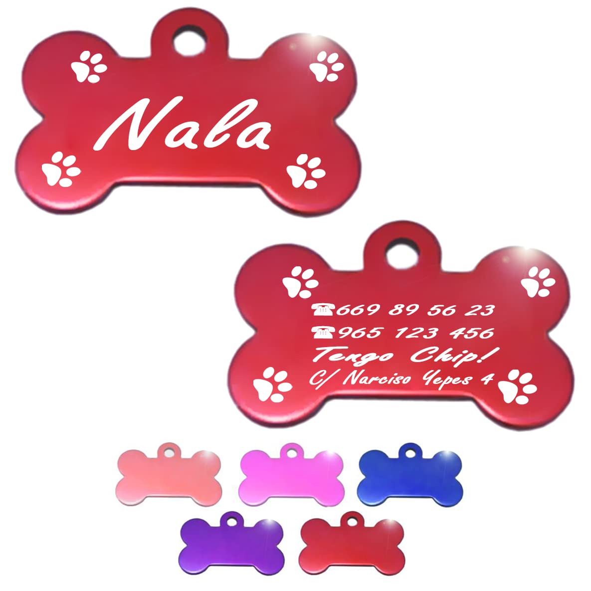 Ibera Gifts - Chapa Perro Grabada en Forma de Hueso con Dibujo de Patas, Placa Perro Personalizada para Perros y Gatos Grandes a Muy Grandes, XL, Chapa Identificativa Perro y Gato (Azul)