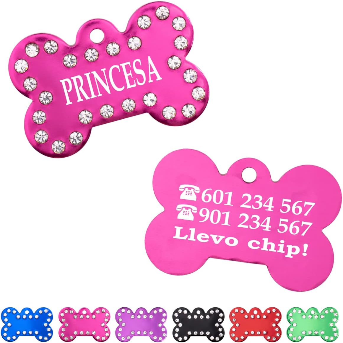 Ibera Gifts - Chapa Perro Grabada en Forma de Hueso con Pedrería, Placa Perro Personalizada para Perros y Gatos Medianos a Grandes, Tamaño 40 x 27 mm, Chapa Identificativa Perro y Gato (Fucsia)