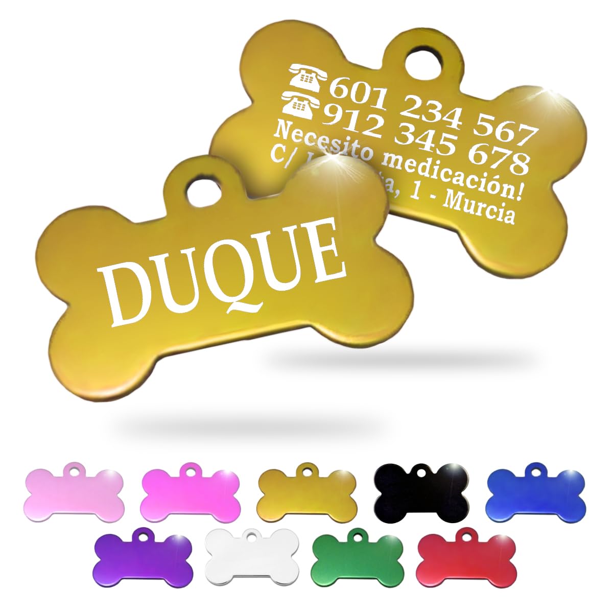 Ibera Gifts - Chapa Perro Grabada en Forma de Hueso, Placa Perro Personalizada para Perros y Gatos Medianos y Grandes, Tamaño 40 x 26 mm, Chapa Identificativa Perro y Gato (Negra)
