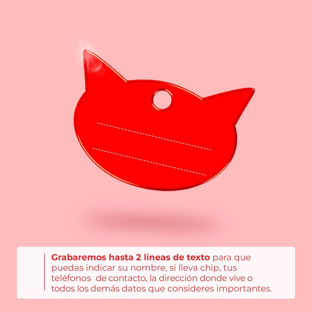 Ibera Gifts - Chapa Identificativa Gato en Forma de Cara de Gato, Chapa Nombre Gato para Gatos de Todos los Tamaños, Aluminio Brillante, Collar Gato Personalizado (Rojo)