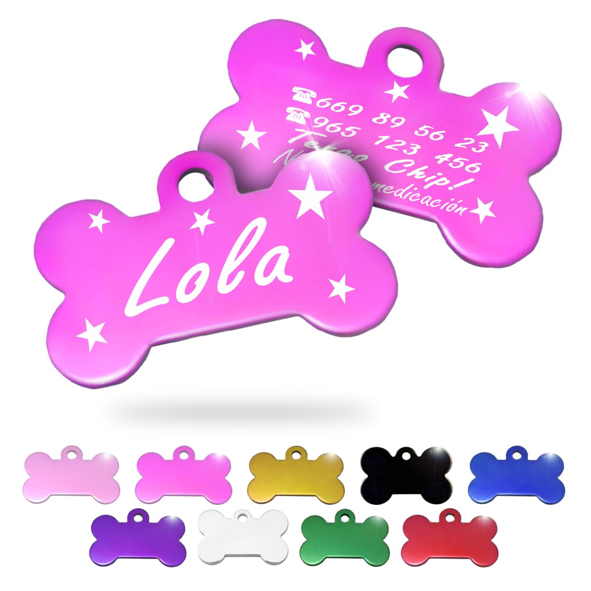 Ibera Gifts - Chapa Perro Grabada en Forma de Hueso, Placa Perro Personalizada para Perros y Gatos Medianos y Grandes, Tamaño 40 x 26 mm, Chapa Identificativa Perro y Gato (Negra)