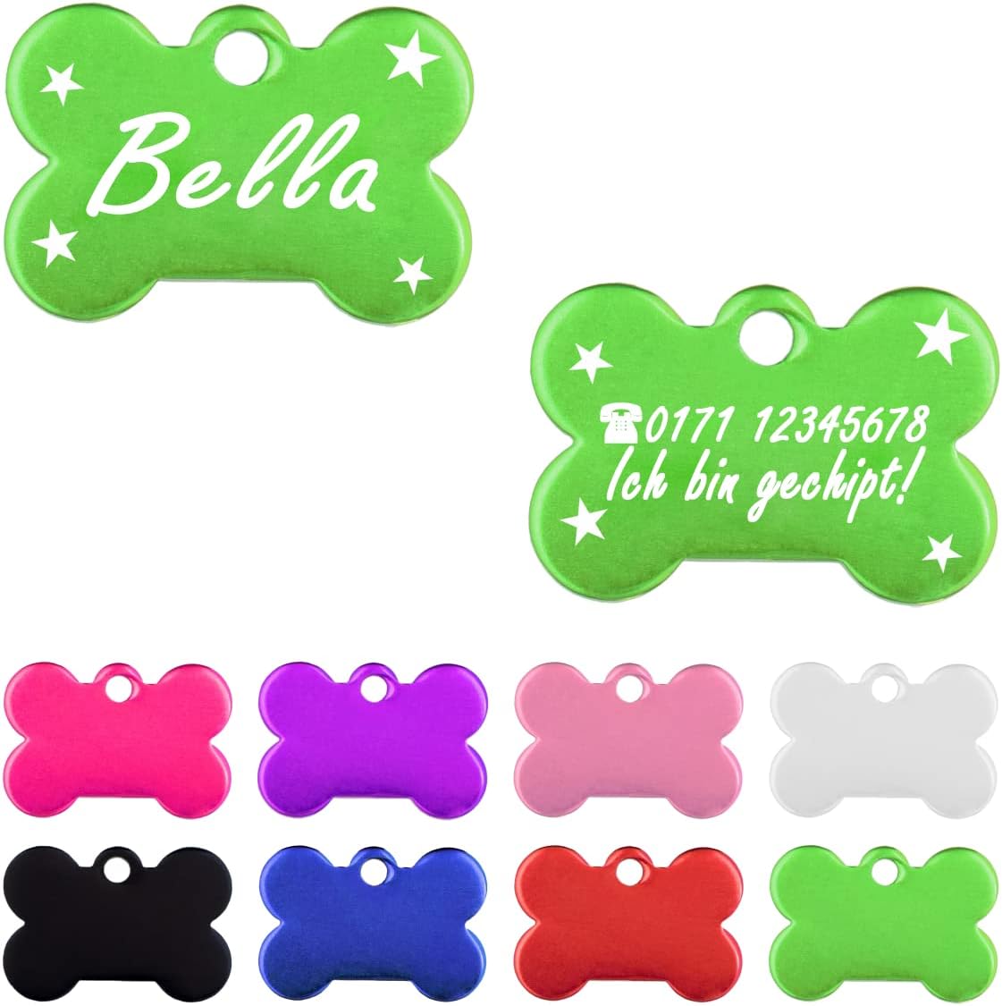 Iberiagifts - Hundemarke Knochen mit Gravur und Sternefür sehr kleine Welpen - Hunde - Katzen Haustier Plakette Anhänger Halsband Medaillon graviert personalisiert (Grün)