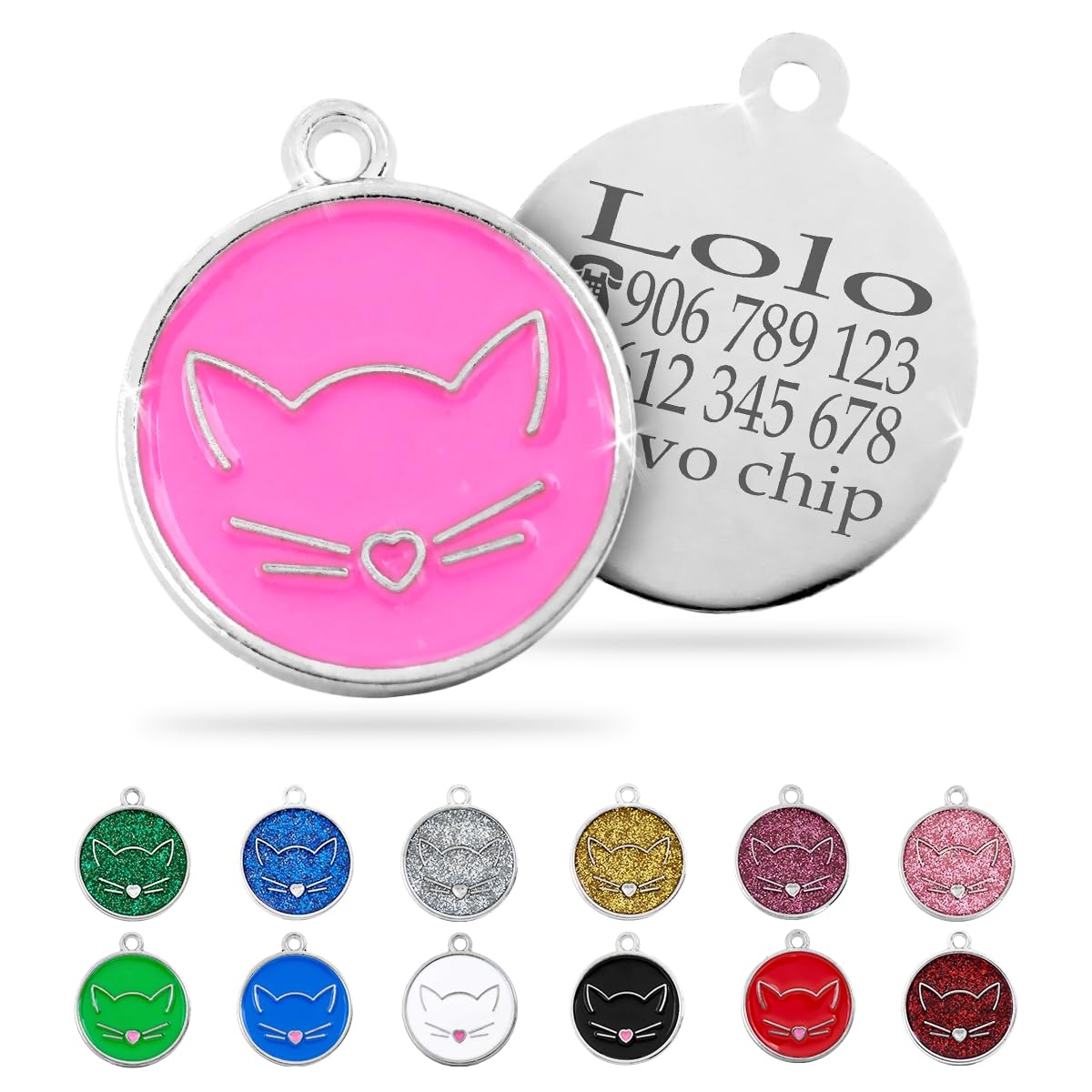 Ibera Gifts - Chapa Identificativa para Gato en Forma Redonda Con Cara de Gato, Nombre para Gatos de Todos los Tamaños, Metal de Aleación, Collar Personalizado (Negro)
