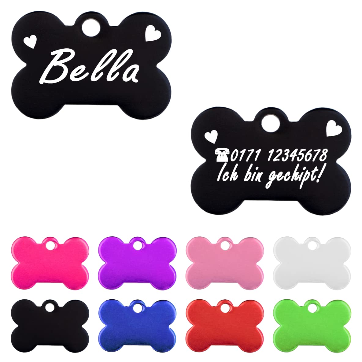 Iberiagifts - Hundemarke Knochen mit Gravur und Herzen für sehr kleine Welpen - Hunde - Katzen Haustier Plakette Anhänger Halsband Medaillon graviert personalisiert (Rot)