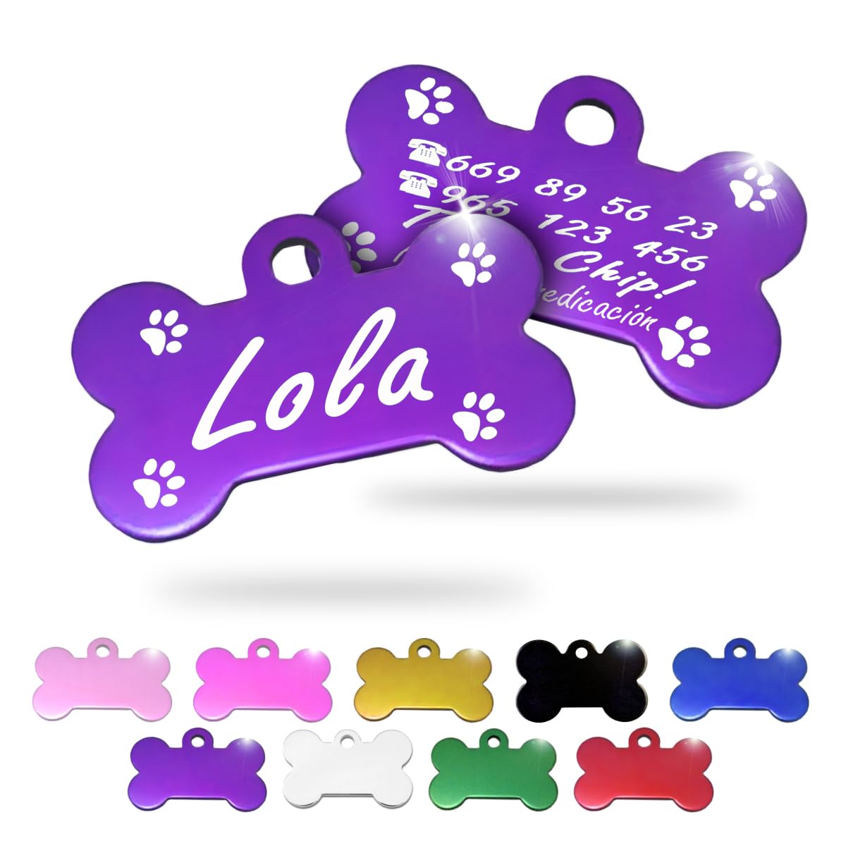 Ibera Gifts - Chapa Perro Grabada en Forma de Hueso, Placa Perro Personalizada para Perros y Gatos Medianos y Grandes, Tamaño 40 x 26 mm, Chapa Identificativa Perro y Gato (Negra)