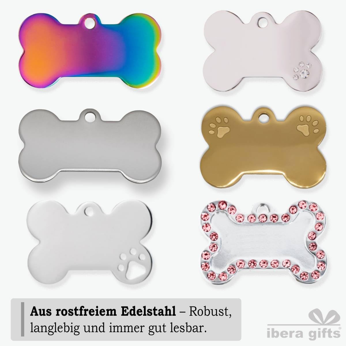 Ibera gifts - Hundemarke Mit Gravur - Personalisierte Hundemarke Für Mittelgroße Bis Große Hunde - Edelstahl 37 x 23 mm - Hundeanhänger Mit Gravur - Mit Strasssteinen (Silber/Strass/Pfote)