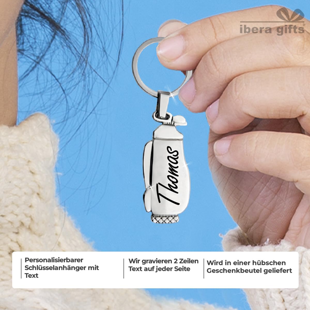 ibera gifts – Golf Schlüsselanhänger personalisiert aus Edelstahl – Schlüsselanhänger Golf mit Gravur – Golftasche – Geschenkidee für Golfer (Tasche)