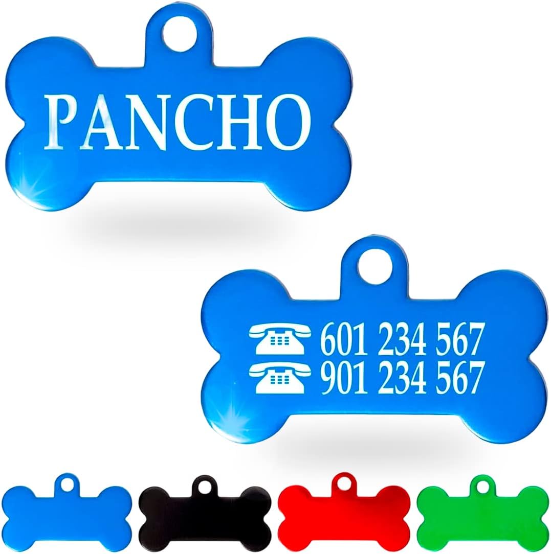 Ibera Gifts - Chapa Perro Grabada en Forma de Hueso para Perros y Gatos Pequeños a Medianos, Placa Perro Personalizada, Aluminio Brillante, Tamaño 30 x 15 mm (Azul)