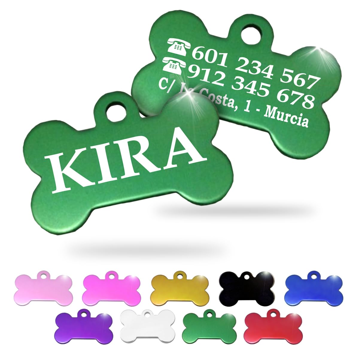 Ibera Gifts - Chapa Perro Grabada en Forma de Hueso, Placa Perro Personalizada para Perros y Gatos Pequeños y Medianos, Tamaño 30 x 20 mm, Chapa Identificativa Perro y Gato (Plateada)
