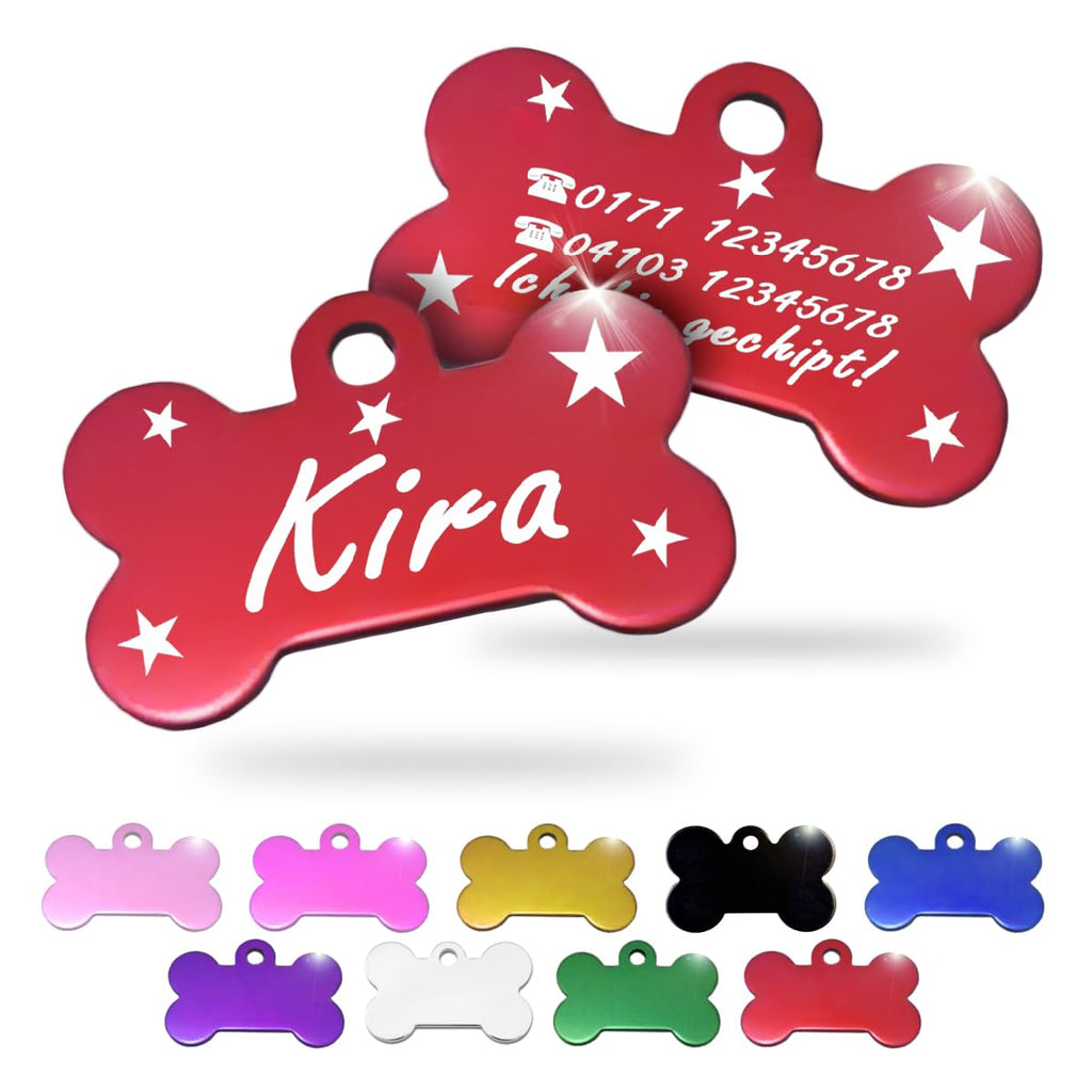 Ibera gifts - Hundemarke mit Gravur und personalisierte Hundemarke in Knochenform für kleine bis mittelgroße Hunde und Katzen (Rot, Keine Zeichnung)