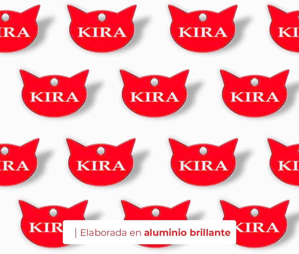 Ibera Gifts - Chapa Identificativa Gato en Forma de Cara de Gato, Chapa Nombre Gato para Gatos de Todos los Tamaños, Aluminio Brillante, Collar Gato Personalizado (Rojo)