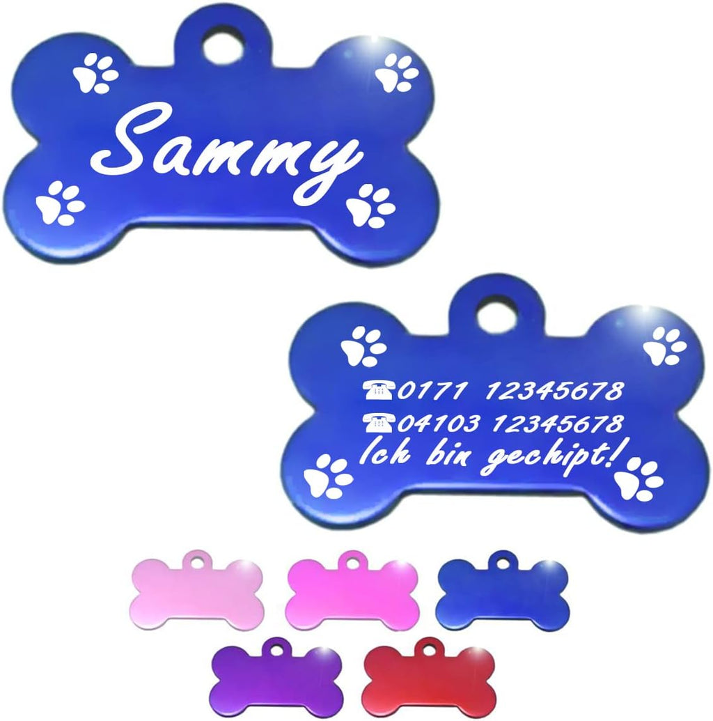 Ibera gifts - Hundemarke mit Gravur, Hundemarke personalisiert, XL, Knochenförmig, für große Haustiere, Aluminium (Blau)
