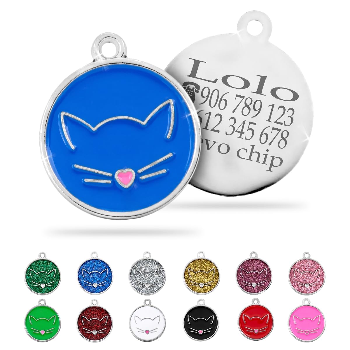 Ibera Gifts - Chapa Identificativa para Gato en Forma Redonda Con Cara de Gato, Nombre para Gatos de Todos los Tamaños, Metal de Aleación, Collar Personalizado (Negro)