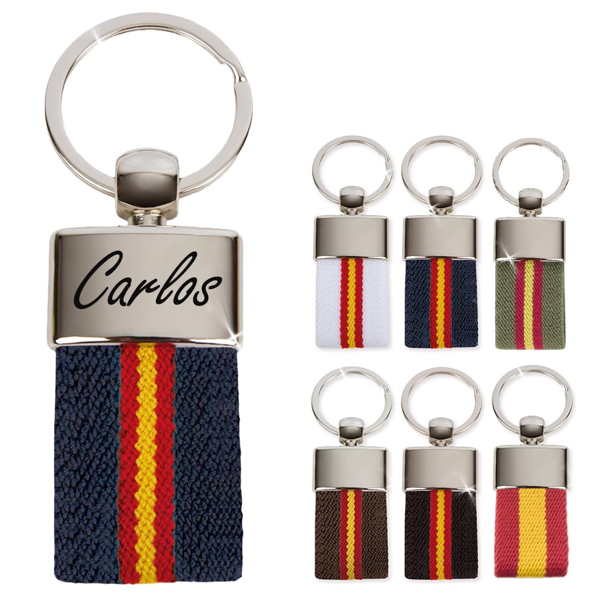 ibera gifts - Schlüsselanhänger personalisiert mit Farben der Spanischen Flagge, mit Namen, 9,5 x 3,2 cm, in Geschenkbeutel