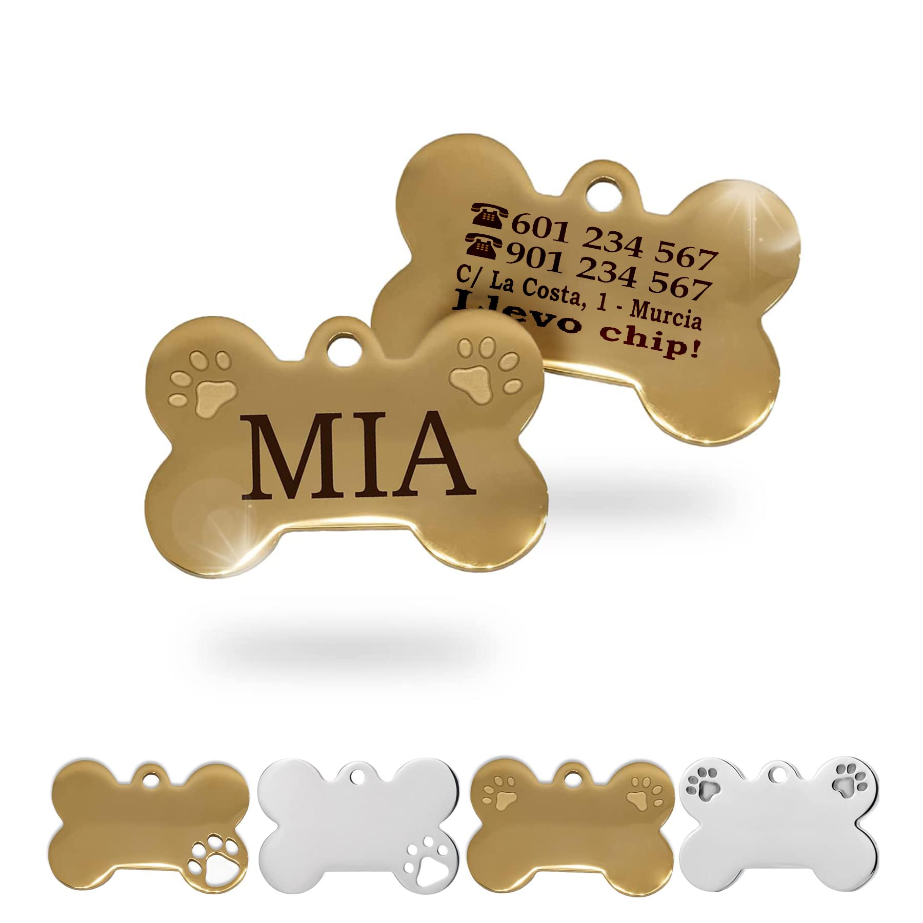 Ibera Gifts - Chapa Perro Grabada De Acero Inoxidable En Forma De Hueso, Tamaño 25 x 16 mm, Placa Perro Personalizada Para Cachorros y Mascotas Muy Pequeñas (Peq. 2 Huellas)