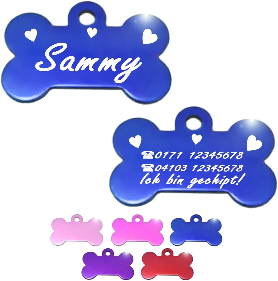 Ibera gifts - Hundemarke mit Gravur, Hundemarke personalisiert, XL, Knochenförmig, für große Haustiere, Aluminium (Blau)