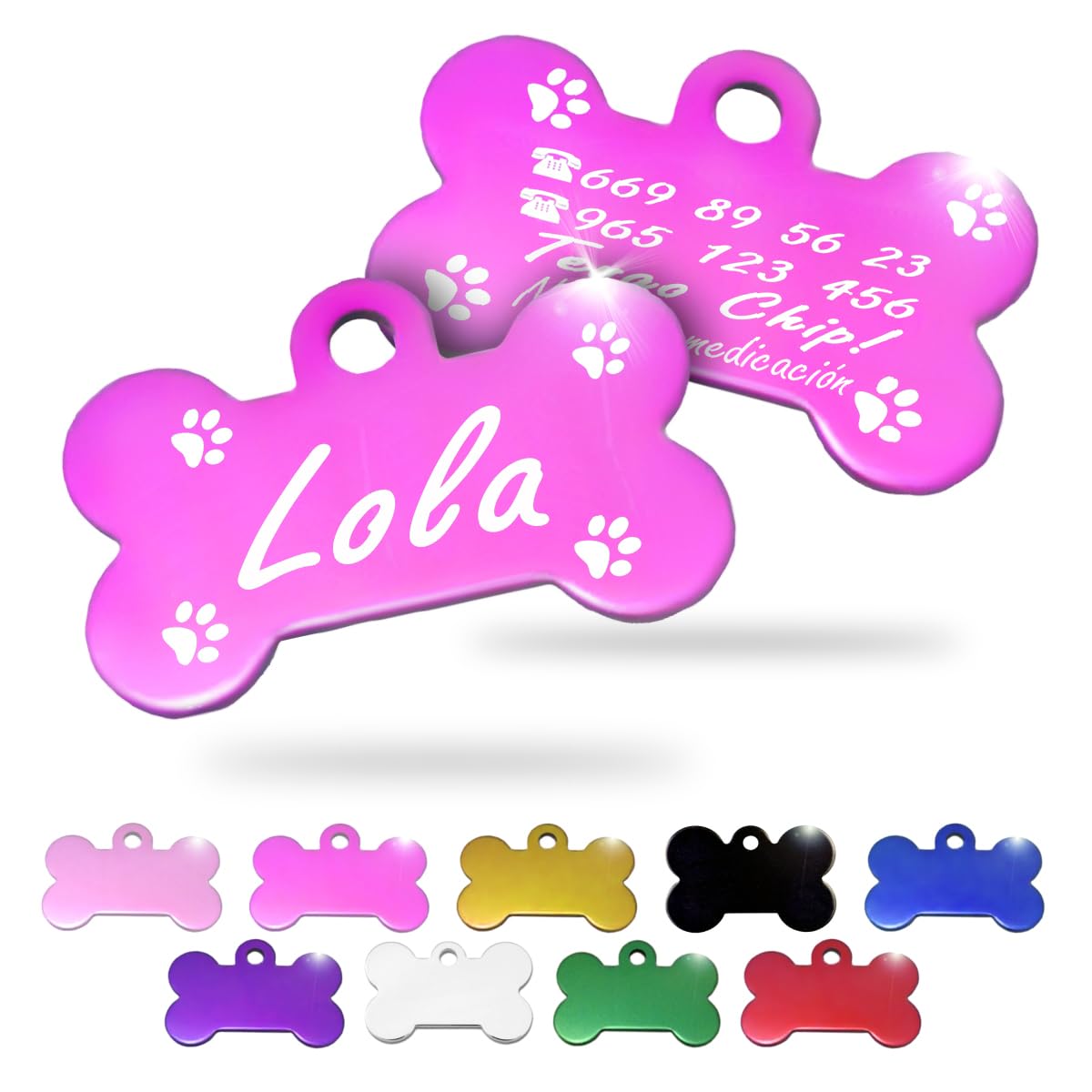 Ibera Gifts - Chapa Perro Grabada en Forma de Hueso, Placa Perro Personalizada para Perros y Gatos Medianos y Grandes, Tamaño 40 x 26 mm, Chapa Identificativa Perro y Gato (Negra)