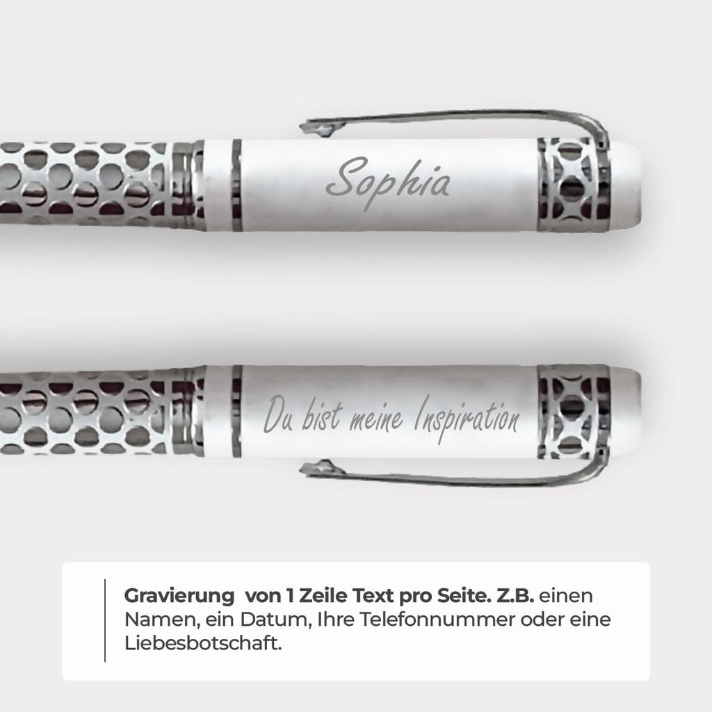 ibera gifts - Edler Kugelschreiber mit Gravur, personalisierter Kugelschreiber mit bis zu 2 Textzeilen, 14,3 cm, Geschenkbeutel inklusive (Weiß groß)