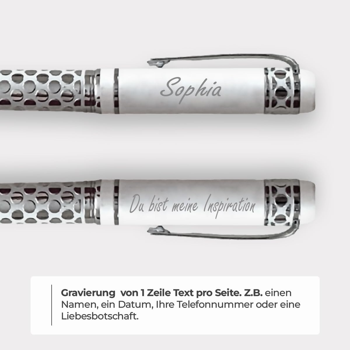 ibera gifts - Edler Kugelschreiber mit Gravur, personalisierter Kugelschreiber mit bis zu 2 Textzeilen, 14,3 cm, Geschenkbeutel inklusive (Weiß groß)