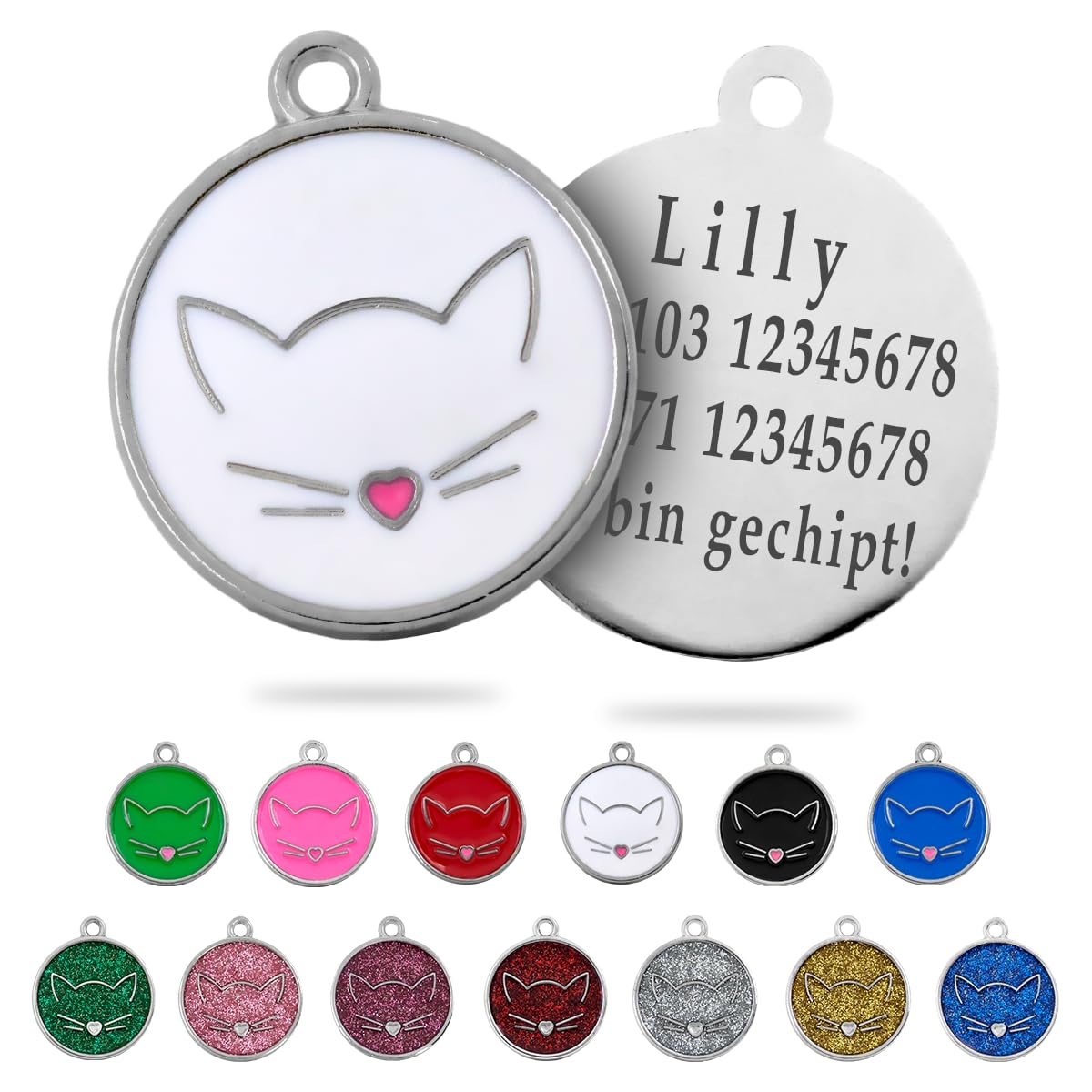 Ibera gifts - Runder Anhänger Katze mit Katzengesicht, personalisierter Adressanhänger für mittelgroße bis große Katzen, legiertes Metall, 25 x 25 mm, 4 Gravurzeilen auf der Rückseite (Glitter Blue)