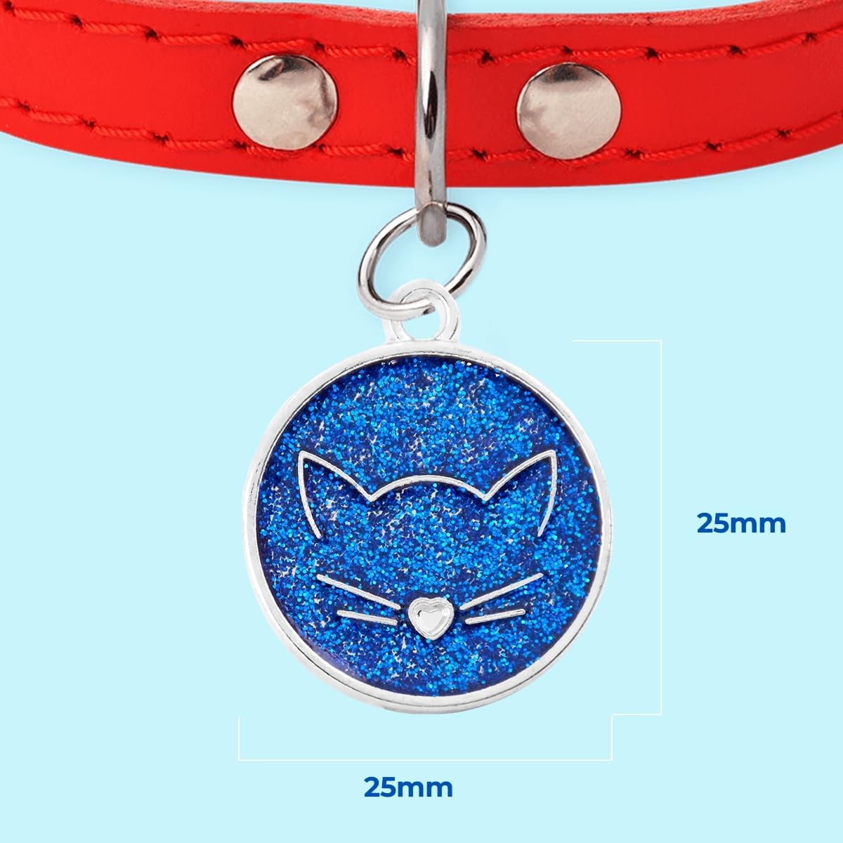 Ibera gifts - Runder Anhänger Katze mit Katzengesicht, personalisierter Adressanhänger für mittelgroße bis große Katzen, legiertes Metall, 25 x 25 mm, 4 Gravurzeilen auf der Rückseite (Glitter Blue)