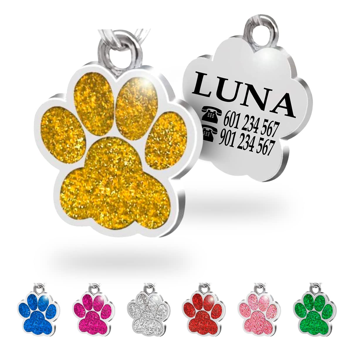 Ibera Gifts - Chapa Perro Grabada en Forma de Pata con Purpurina, Placa Perro Personalizada para Perros y Gatos Pequeños y Medianos, Tamaño 24 mm x 27 mm, Chapa Identificativa Perro y Gato (Azul)