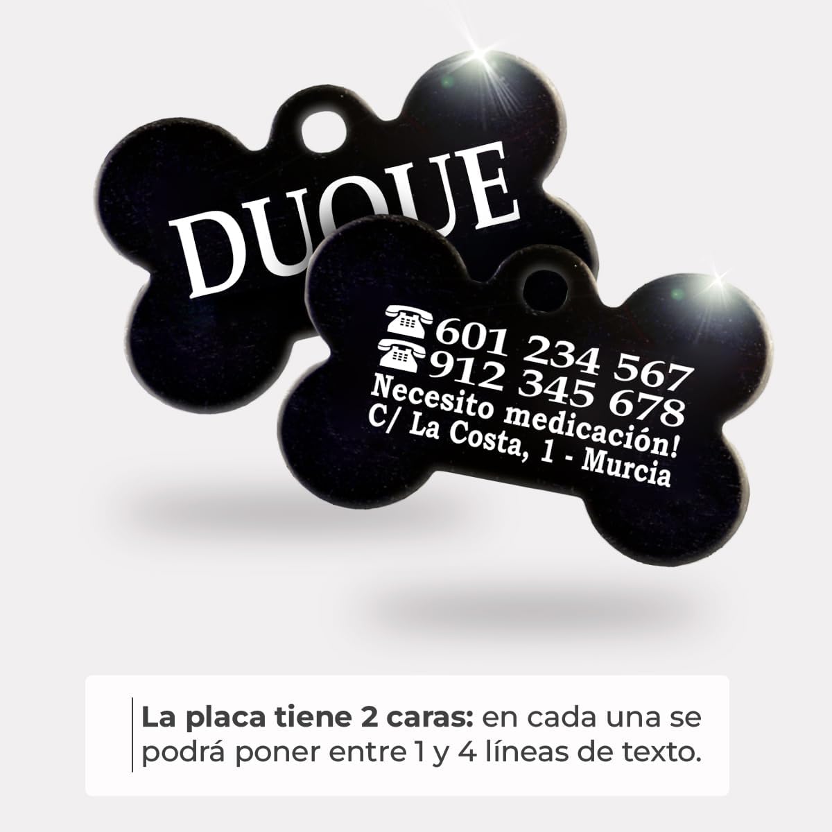 Ibera Gifts - Chapa Perro Grabada en Forma de Hueso, Placa Perro Personalizada para Perros y Gatos Medianos y Grandes, Tamaño 40 x 26 mm, Chapa Identificativa Perro y Gato (Negra)