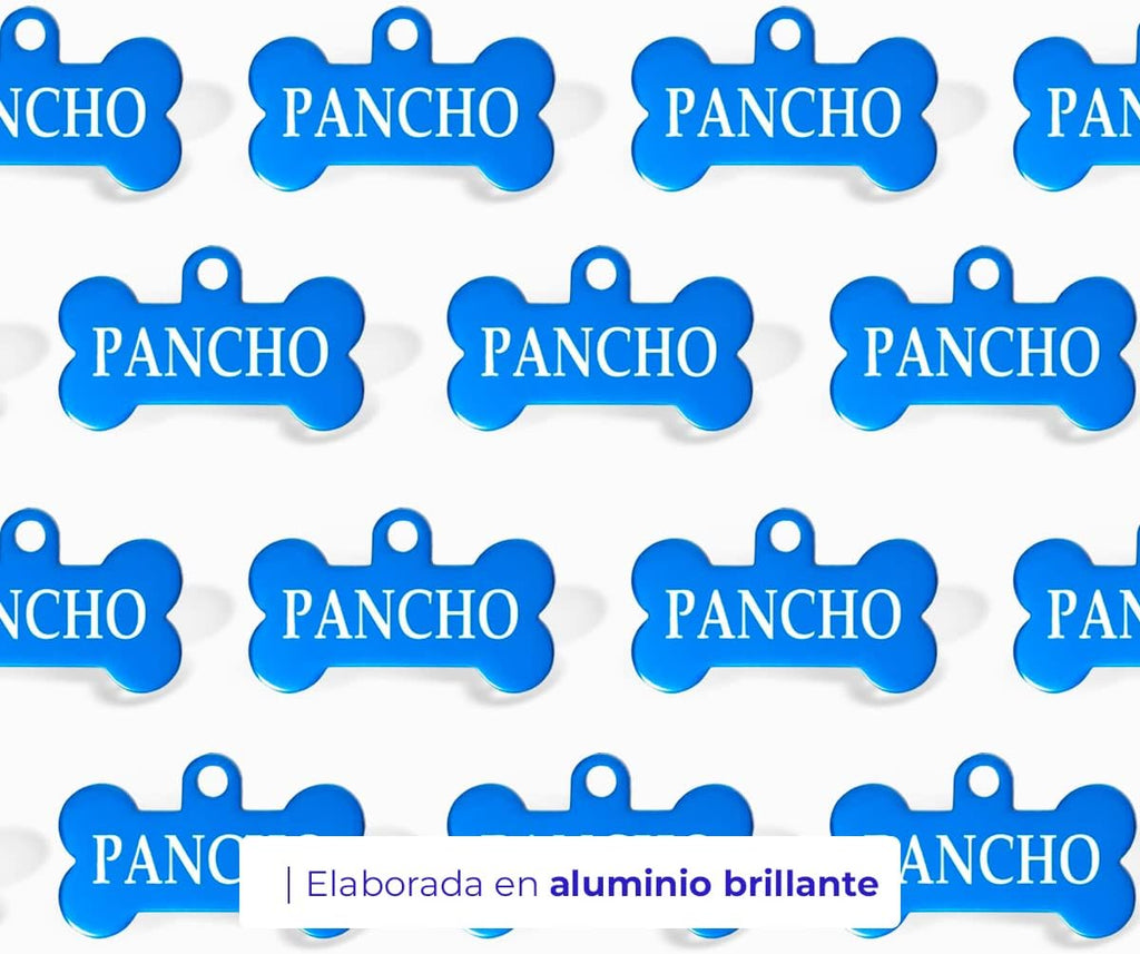 Ibera Gifts - Chapa Perro Grabada en Forma de Hueso para Perros y Gatos Pequeños a Medianos, Placa Perro Personalizada, Aluminio Brillante, Tamaño 30 x 15 mm (Azul)