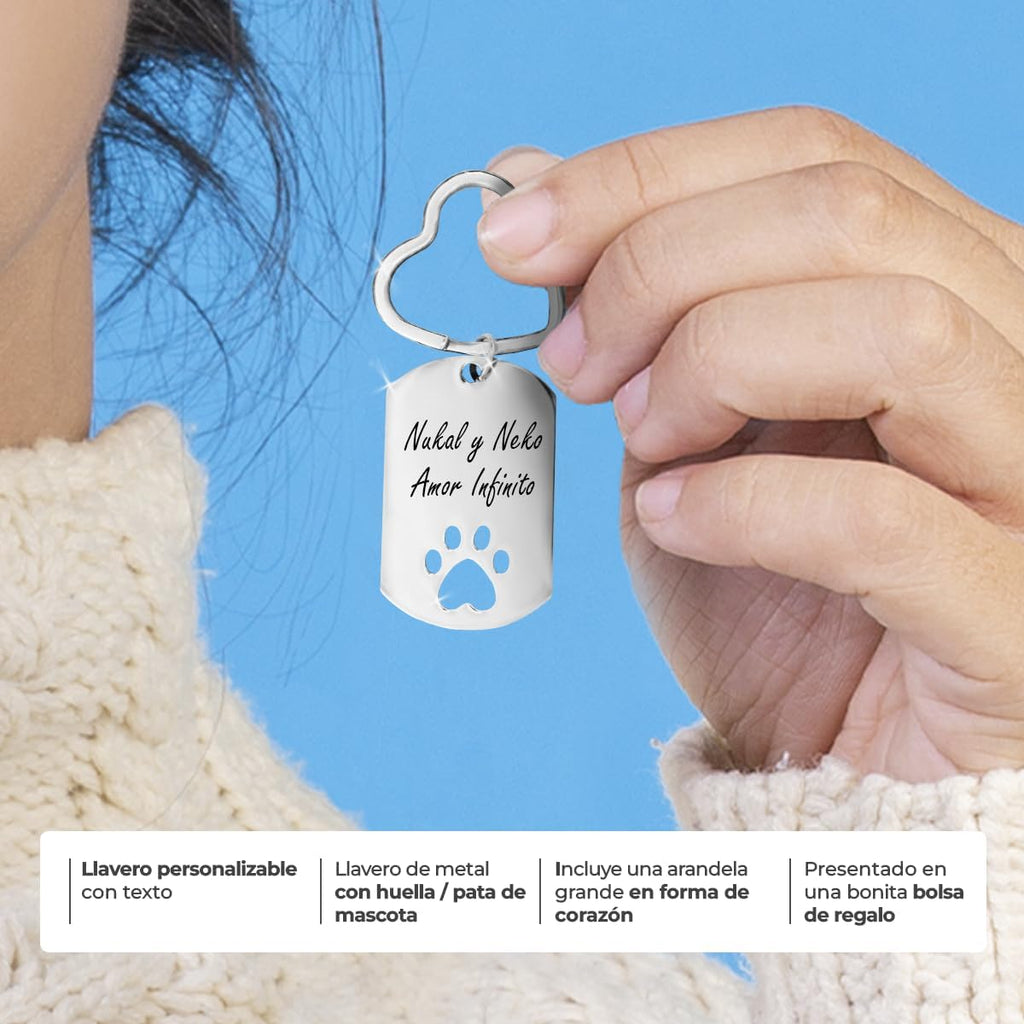 ibera gifts - Llavero Huella Mascota Personalizado con Texto en Acero Inoxidable – Regalo Mascota Personalizado – Llavero Huella Grabado Láser