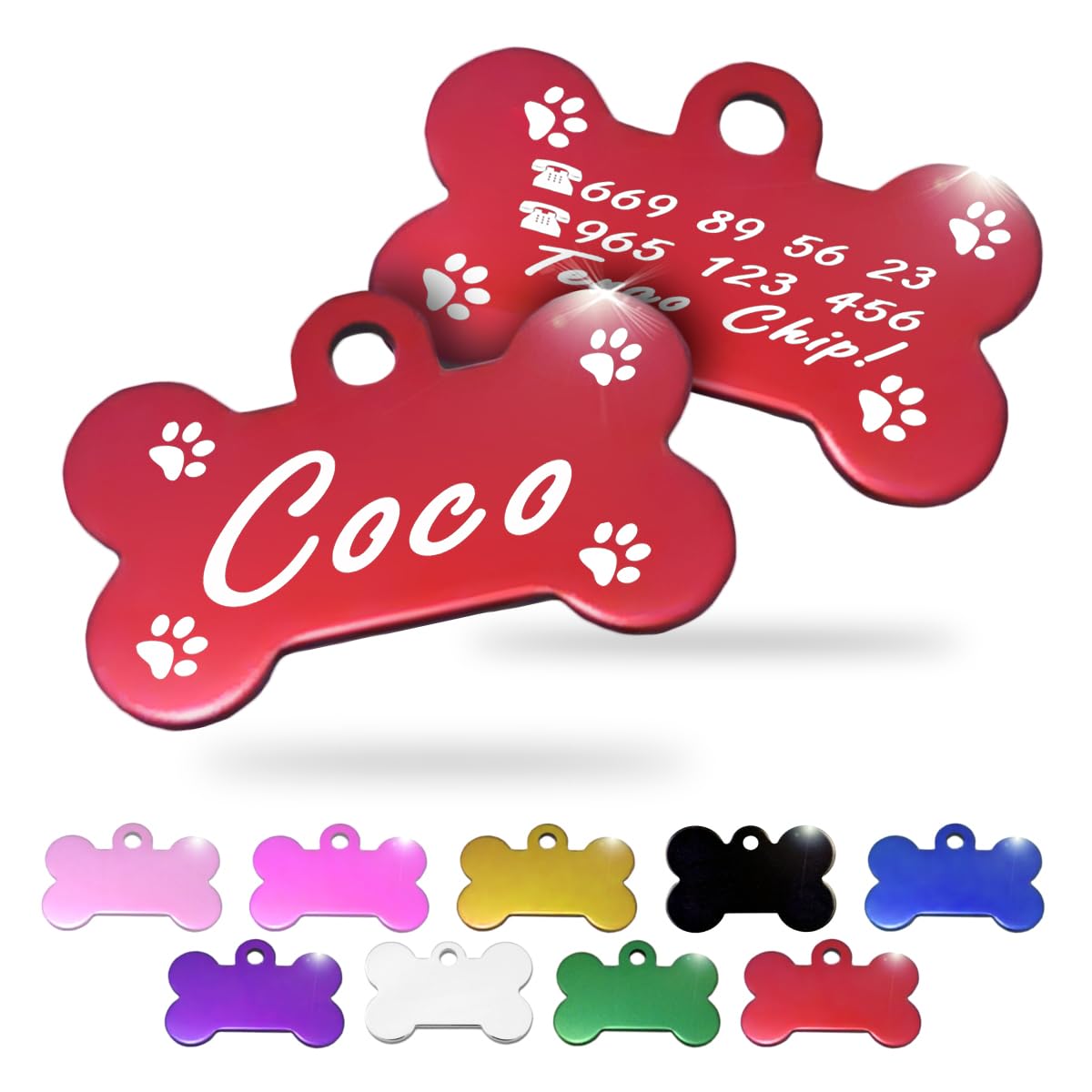 Ibera Gifts - Chapa Perro Grabada en Forma de Hueso, Placa Perro Personalizada para Perros y Gatos Pequeños y Medianos, Tamaño 30 x 20 mm, Chapa Identificativa Perro y Gato (Plateada)