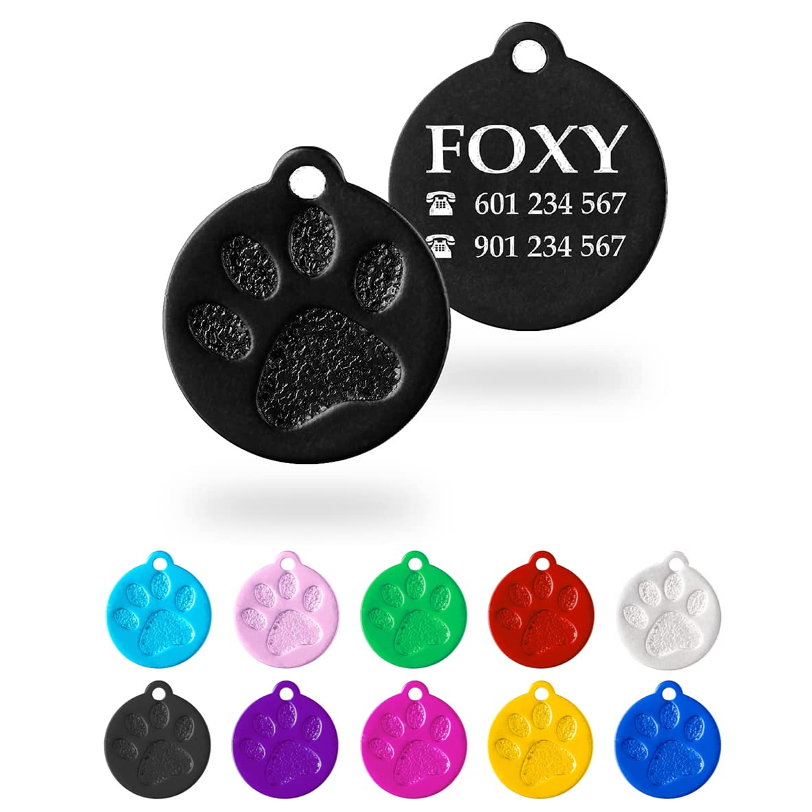 Ibera Gifts - Chapa Perro Grabada en Forma Redonda con Huella, Placa Perro Personalizada para Perros y Gatos Pequeños a Medianos, Tamaño 26 x 23 mm, Chapa Identificativa Perro y Gato (Plateada)
