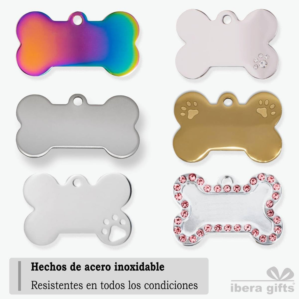 Ibera Gifts - Chapa Perro Grabada De Acero Inoxidable En Forma De Hueso, Tamaño 37 x 23 mm, Placa Perro Personalizada Para Perros Medianos Hasta Grandes