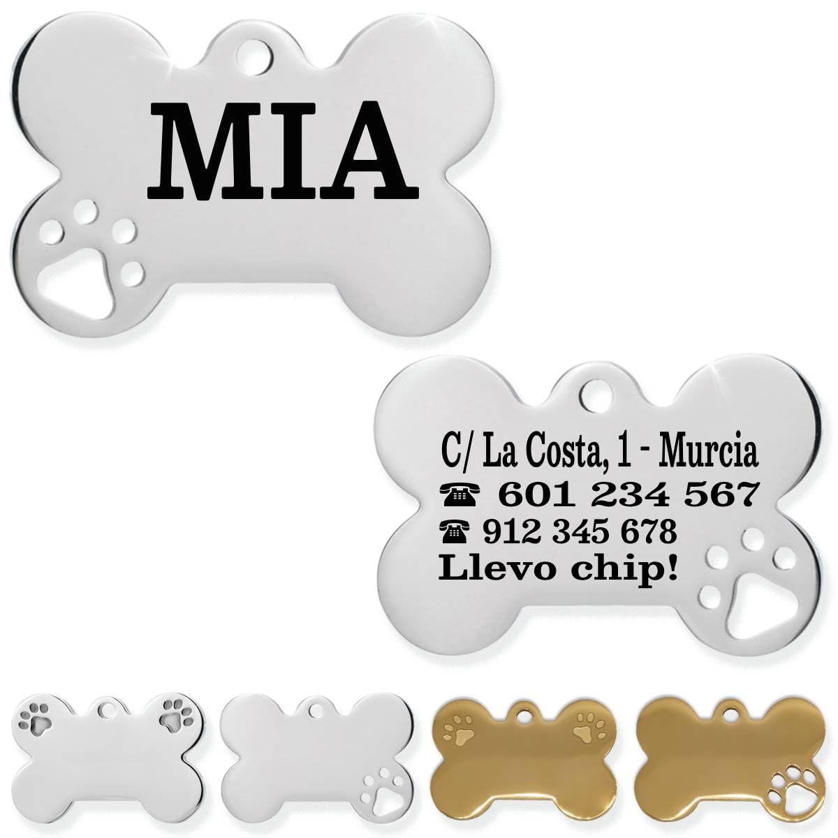 Ibera Gifts - Chapa Perro Grabada De Acero Inoxidable En Forma De Hueso, Tamaño 37 x 23 mm, Placa Perro Personalizada Para Perros Medianos Hasta Grandes