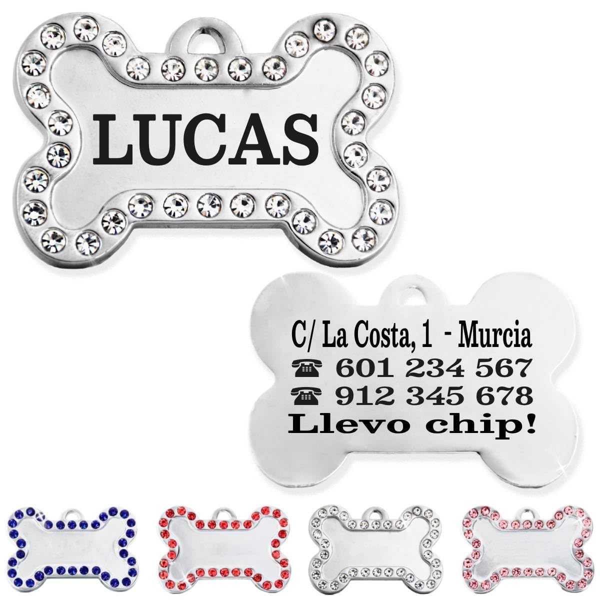 Ibera Gifts - Chapa Perro Grabada De Acero Inoxidable En Forma De Hueso, Tamaño 37 x 23 mm, Placa Perro Personalizada Para Perros Medianos Hasta Grandes