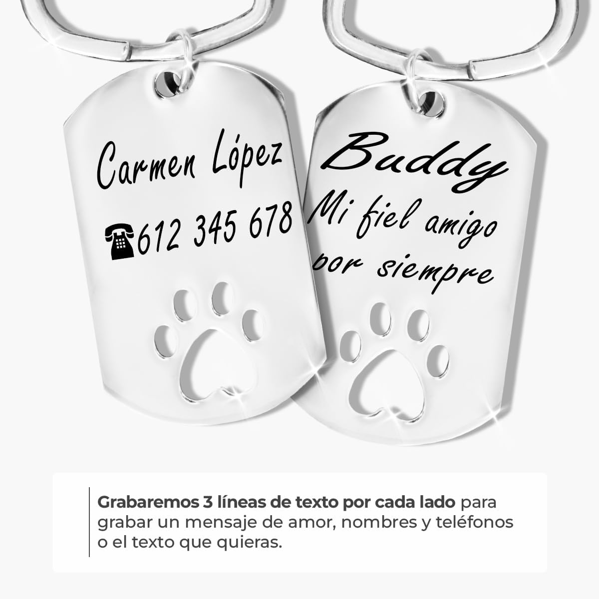 ibera gifts - Llavero Huella Mascota Personalizado con Texto en Acero Inoxidable – Regalo Mascota Personalizado – Llavero Huella Grabado Láser