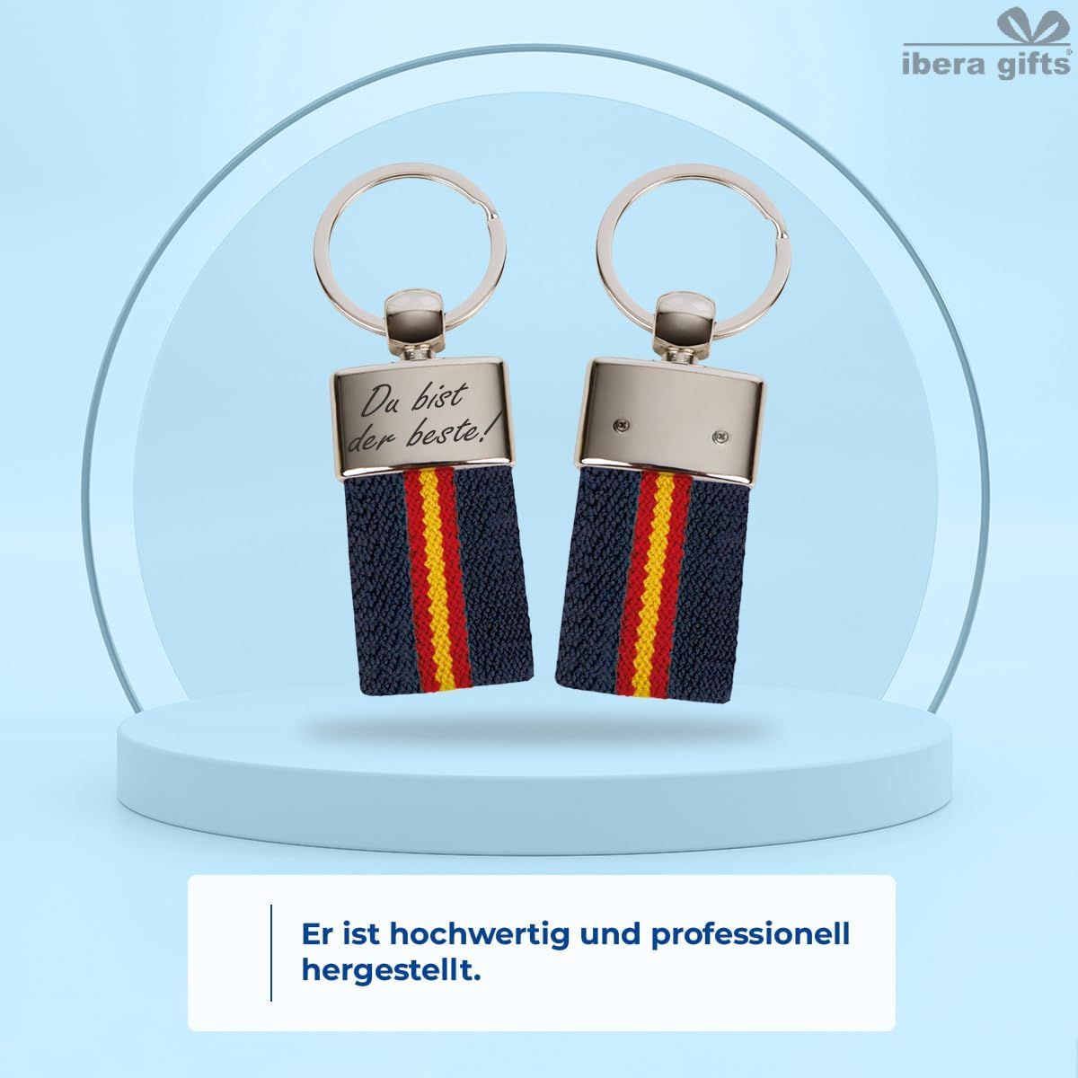 ibera gifts - Schlüsselanhänger personalisiert mit Farben der Spanischen Flagge, mit Namen, 9,5 x 3,2 cm, in Geschenkbeutel