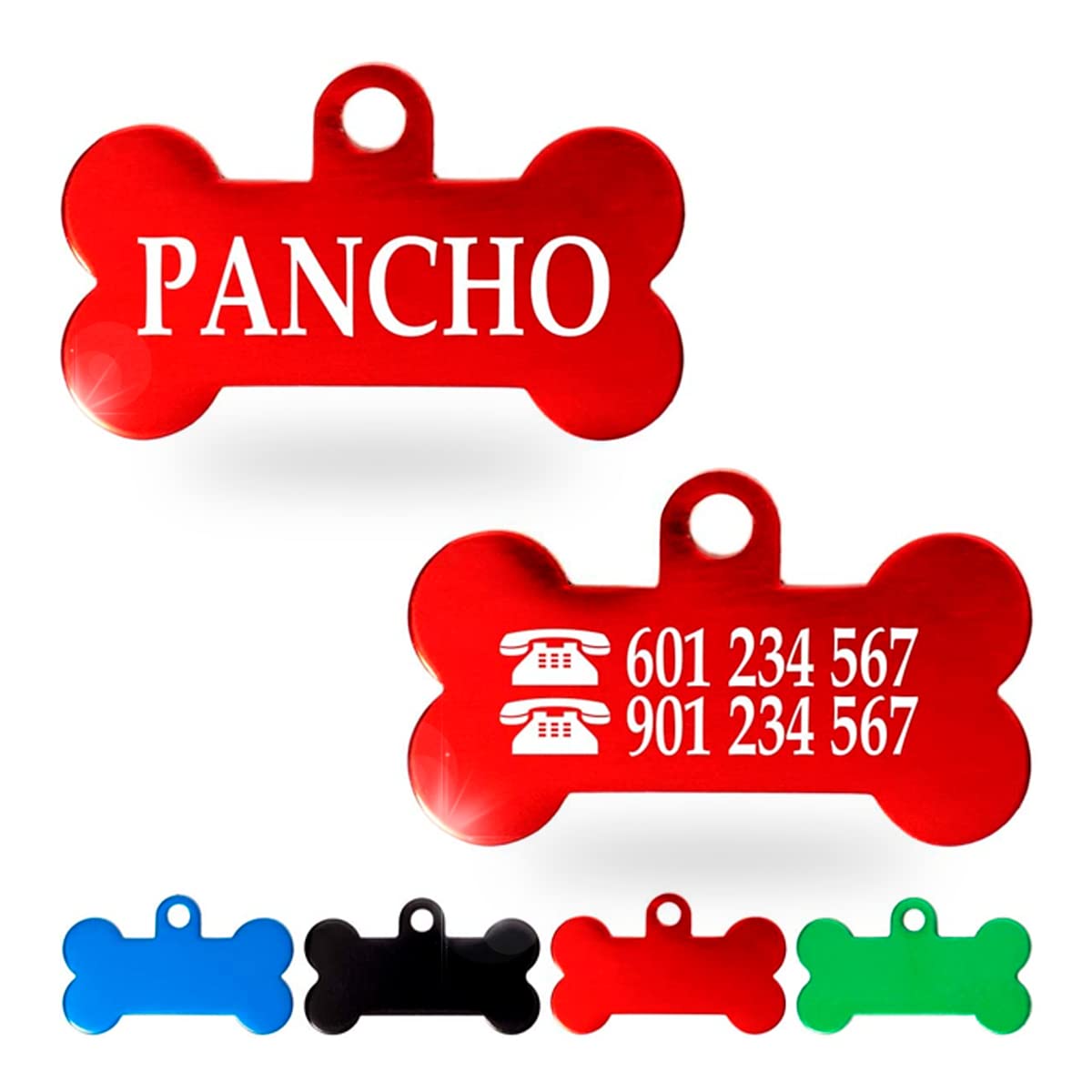 Ibera Gifts - Chapa Perro Grabada en Forma de Hueso para Perros y Gatos Pequeños a Medianos, Placa Perro Personalizada, Aluminio Brillante, Tamaño 30 x 15 mm (Azul)