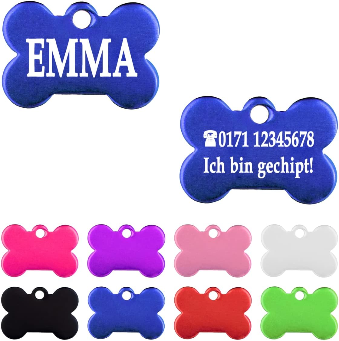 Iberiagifts - Tiermarke Knochen aus Aluminium mit Gravur für sehr kleine Hunde und Katzen - Plakette für Hund und Katzen graviert personalisiert (Blau)