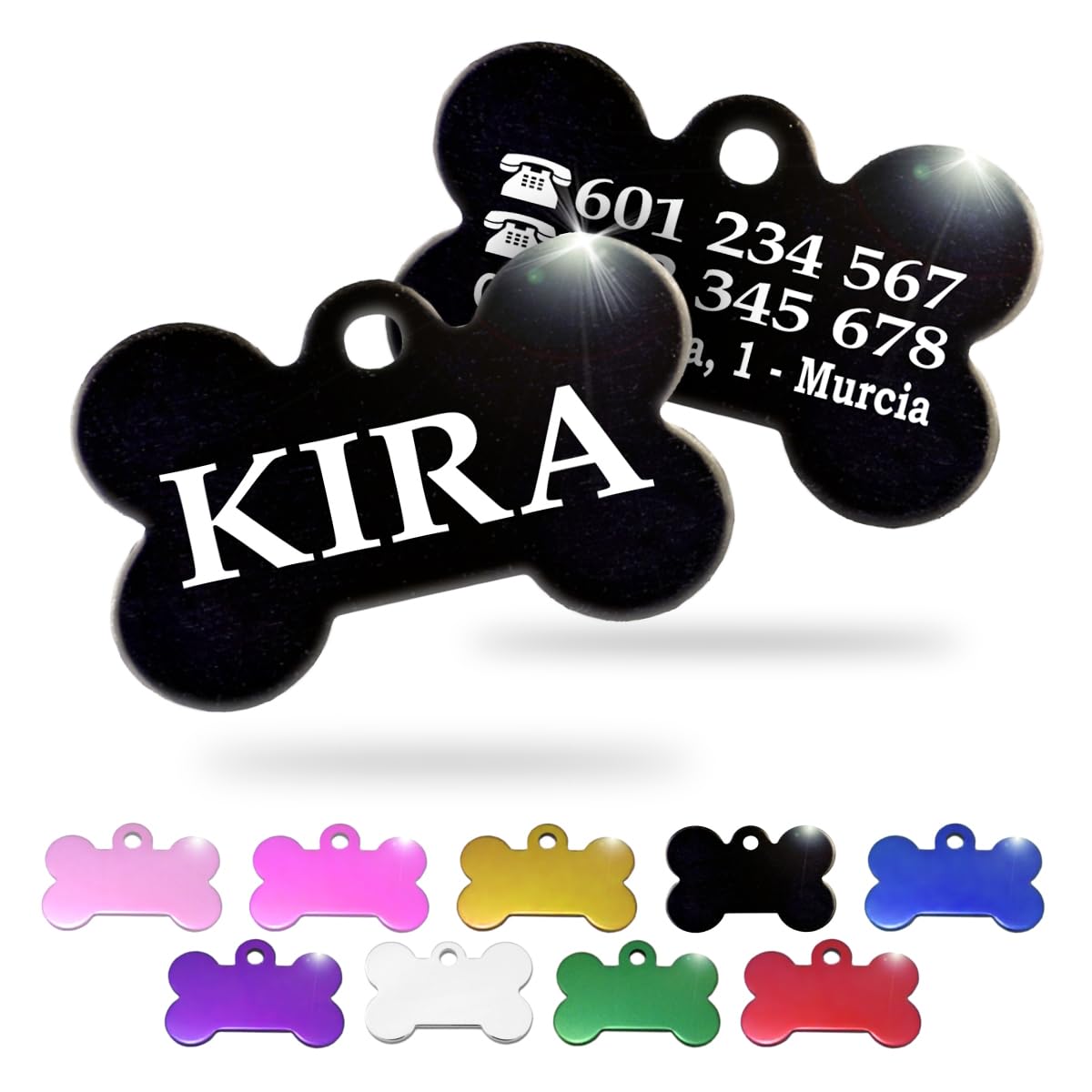 Ibera Gifts - Chapa Perro Grabada en Forma de Hueso, Placa Perro Personalizada para Perros y Gatos Pequeños y Medianos, Tamaño 30 x 20 mm, Chapa Identificativa Perro y Gato (Plateada)