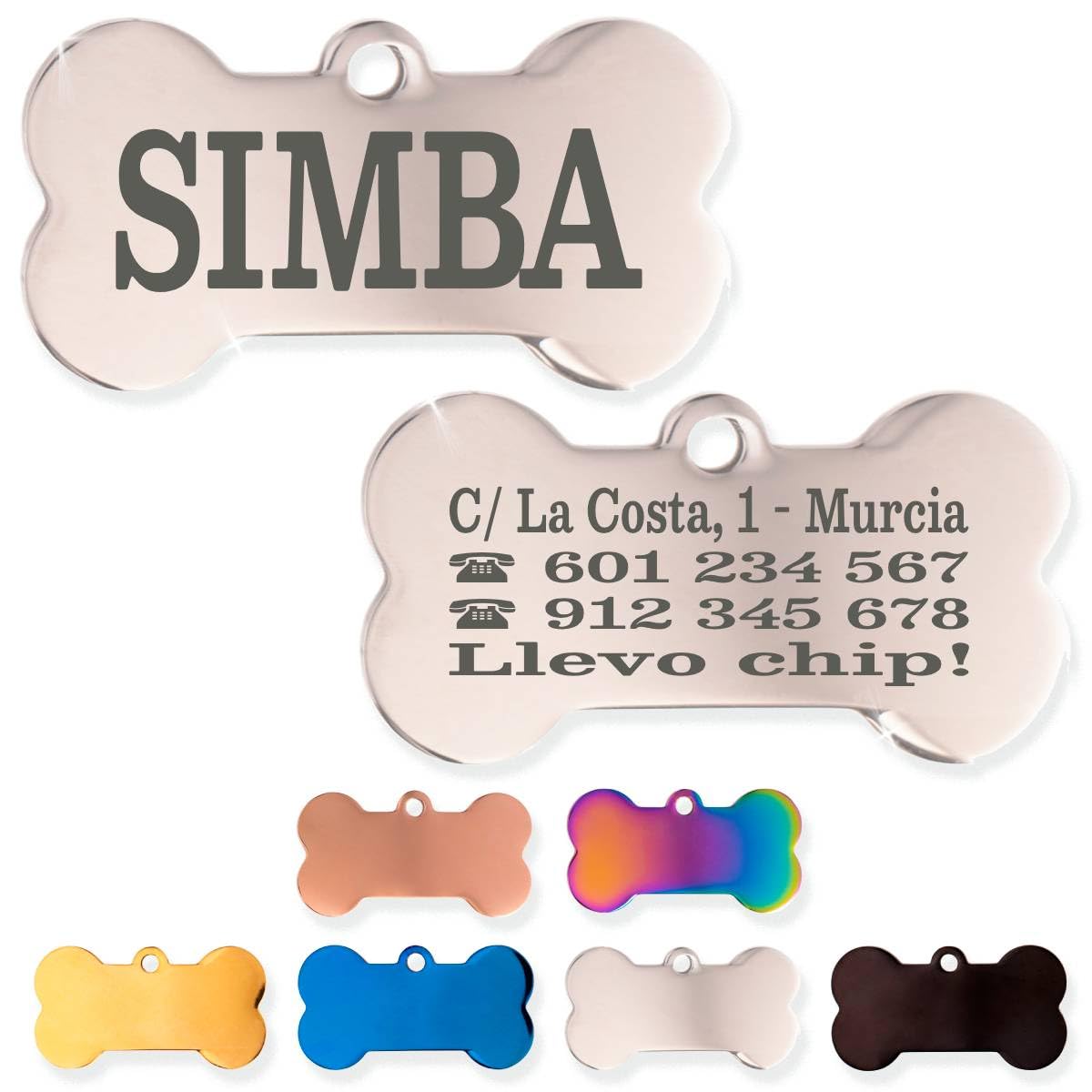 Ibera Gifts - Chapa Perro Grabada De Acero Inoxidable En Forma De Hueso, Tamaño 25 x 16 mm, Placa Perro Personalizada Para Cachorros y Mascotas Muy Pequeñas (Peq. 2 Huellas)