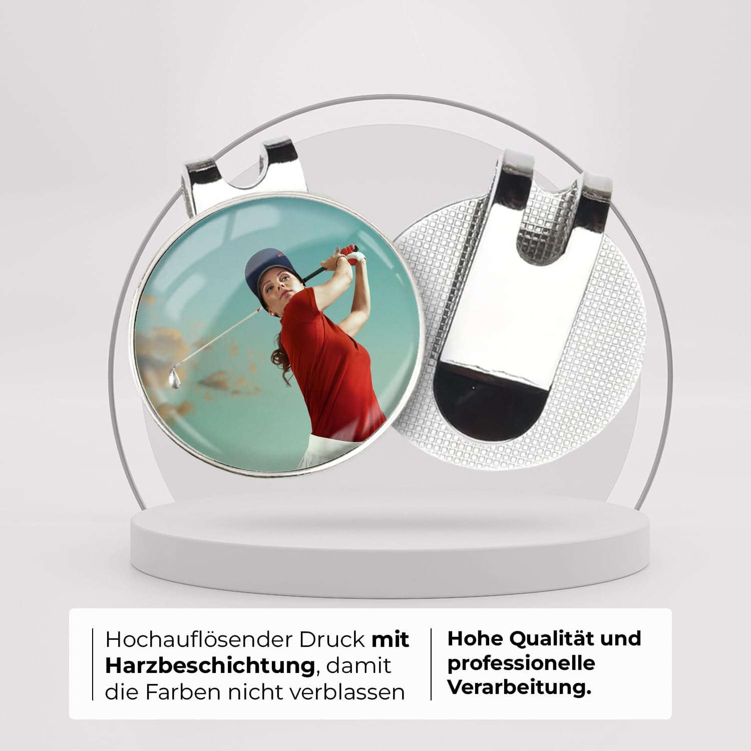 ibera gifts - 2 Golfball Markierer personalisiert mit Foto und 1 magnetischer Golf Cap Clip, Ballmarker Golf aus Metall, 2,5 cm Bilddurchmesser, in edler Metallbox