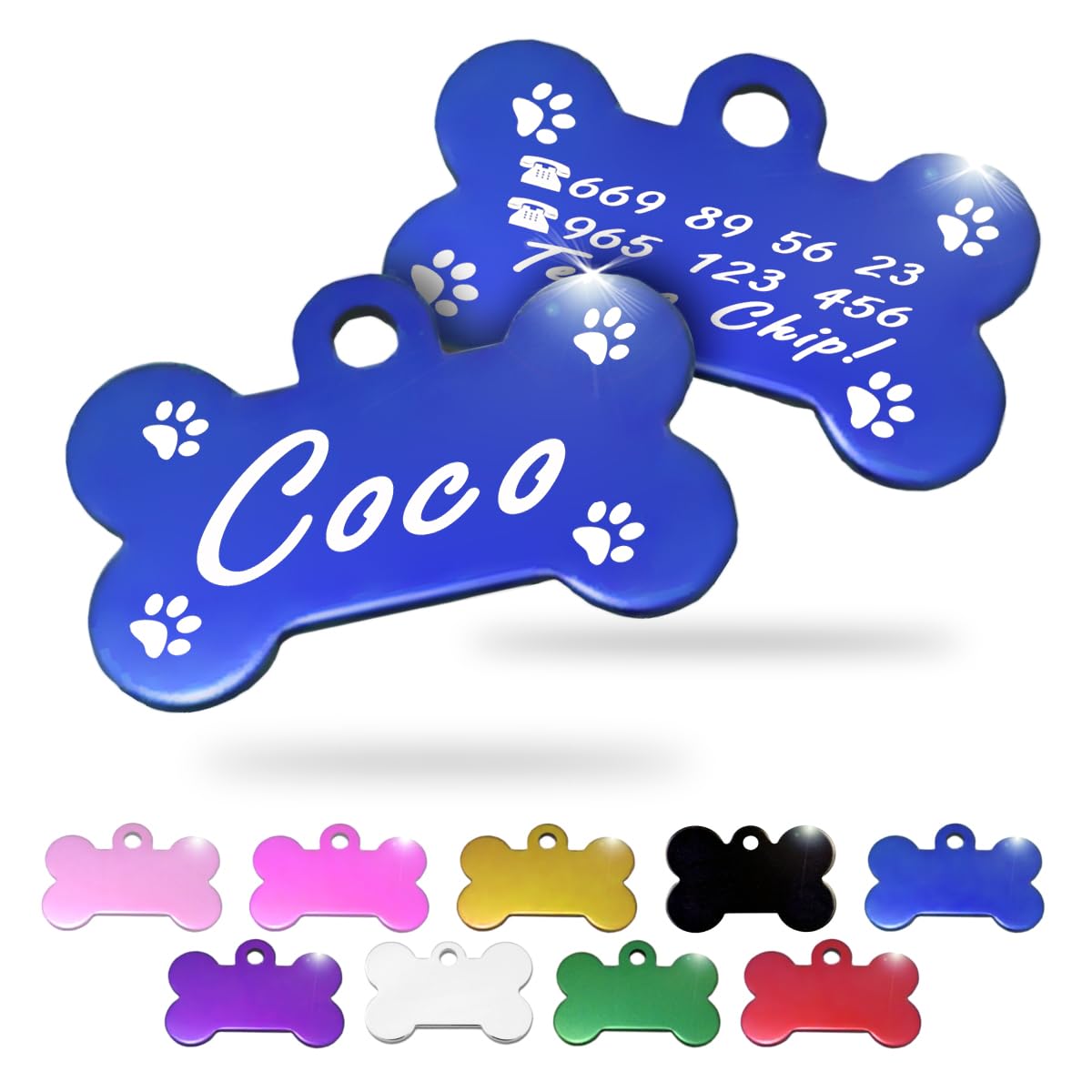 Ibera Gifts - Chapa Perro Grabada en Forma de Hueso, Placa Perro Personalizada para Perros y Gatos Pequeños y Medianos, Tamaño 30 x 20 mm, Chapa Identificativa Perro y Gato (Plateada)