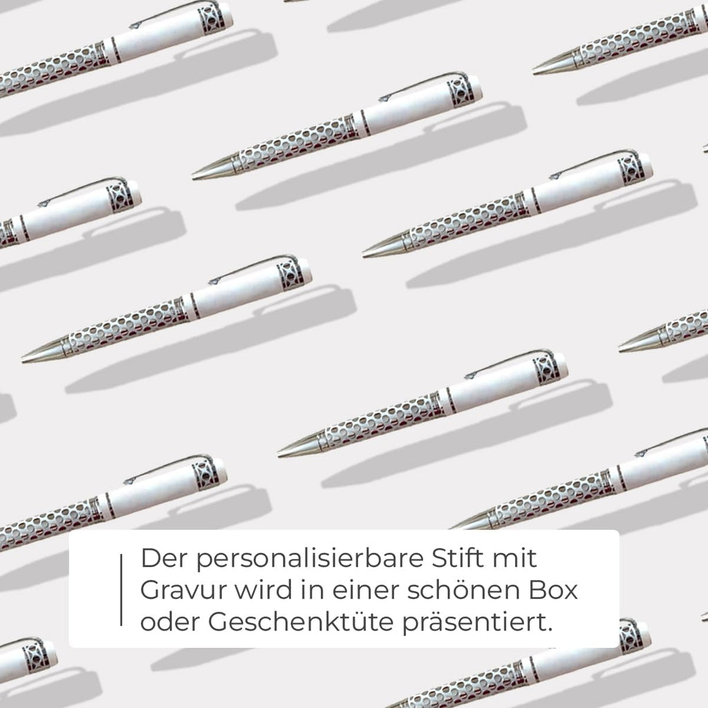 ibera gifts - Edler Kugelschreiber mit Gravur, personalisierter Kugelschreiber mit bis zu 2 Textzeilen, 14,3 cm, Geschenkbeutel inklusive (Weiß groß)