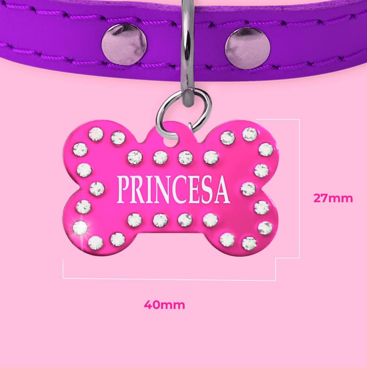 Ibera Gifts - Chapa Perro Grabada en Forma de Hueso con Pedrería, Placa Perro Personalizada para Perros y Gatos Medianos a Grandes, Tamaño 40 x 27 mm, Chapa Identificativa Perro y Gato (Fucsia)