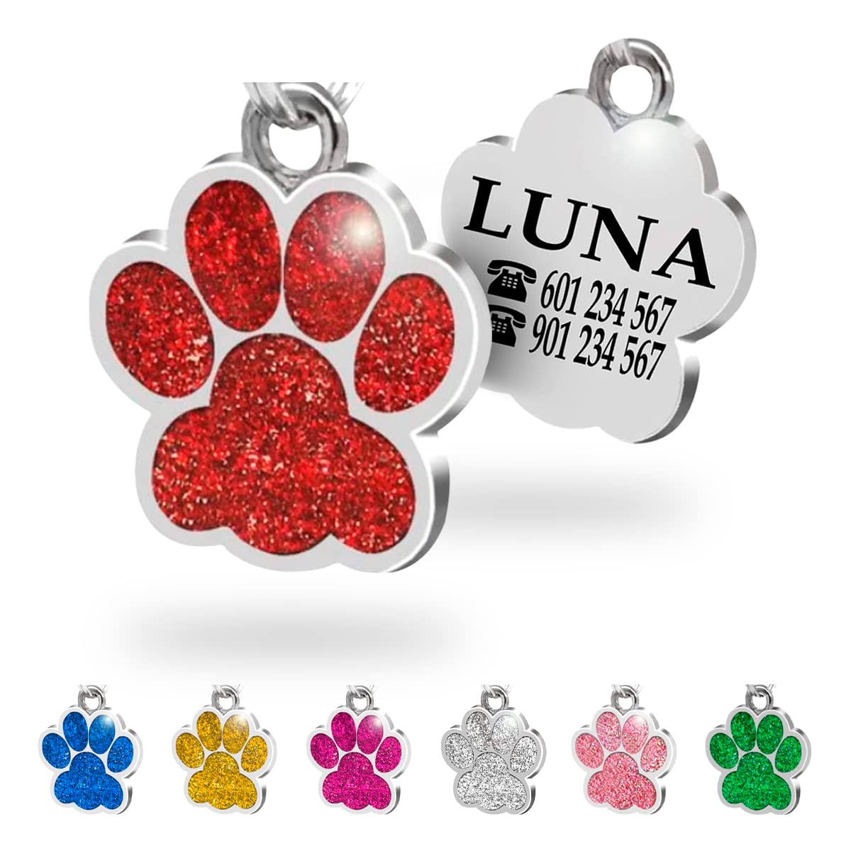 Ibera Gifts - Chapa Perro Grabada en Forma de Pata con Purpurina, Placa Perro Personalizada para Perros y Gatos Pequeños y Medianos, Tamaño 24 mm x 27 mm, Chapa Identificativa Perro y Gato (Azul)