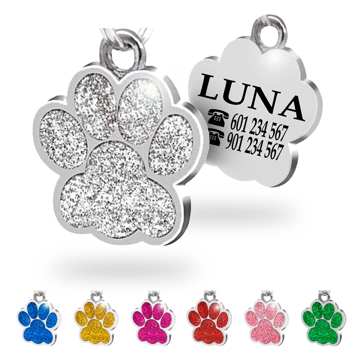 Ibera Gifts - Chapa Perro Grabada en Forma de Pata con Purpurina, Placa Perro Personalizada para Perros y Gatos Pequeños y Medianos, Tamaño 24 mm x 27 mm, Chapa Identificativa Perro y Gato (Azul)