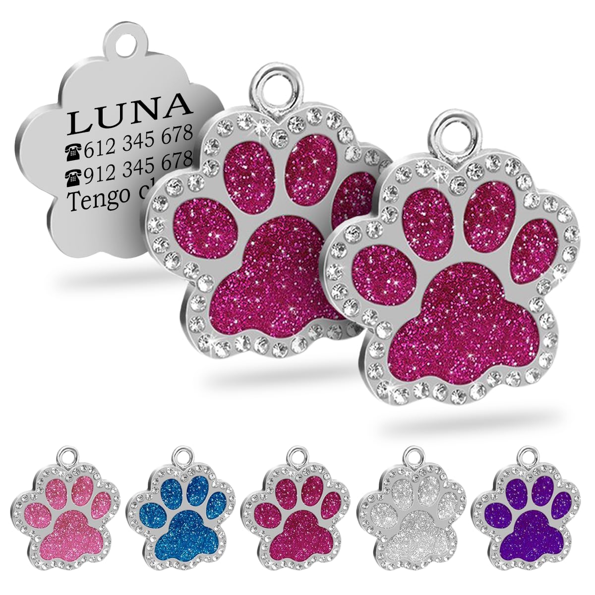 Ibera Gifts - Chapa Perro Grabada en Forma de Pata con Purpurina, Placa Perro Personalizada para Perros y Gatos Pequeños y Medianos, Tamaño 24 mm x 27 mm, Chapa Identificativa Perro y Gato (Azul)